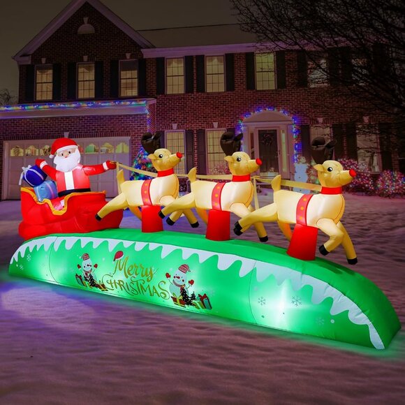 Other - New 10FT Long Christmas Inflatables LED Santa Sleigh & Reindeer Yard Decoration